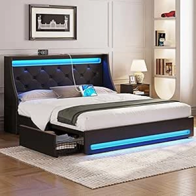 Full Bed Frame with LED Lights, USB Charging & Storage Drawers | Rolanstar
