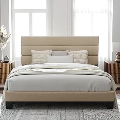 King Size Platform Bed Frame with Upholstered Headboard - 800 lb Weight Capacity