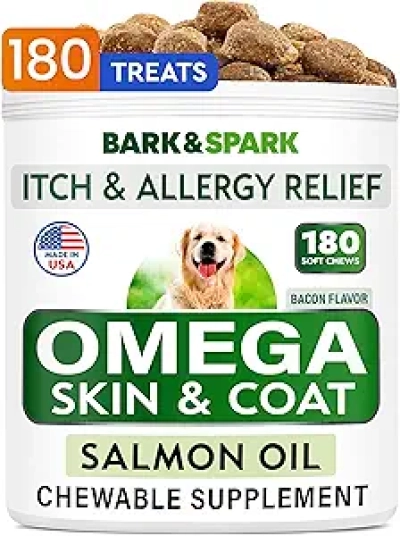 Omega 3 Fish Oil Treats for Dogs & Cats - 180 Salmon Oil Chews for Skin, Coat & Joint Health