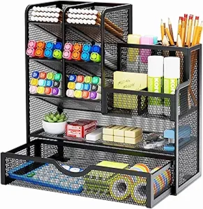 Marbrasse Mesh Pen Holder for Desk - Multi-Functional Pencil Organizer with Drawer