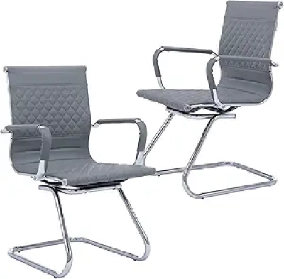 Set of 2 Grey Mid-Back Office Guest Chairs | Ergonomic PU Leather Reception Room Seating