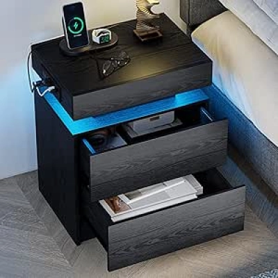 LIKIMIO Modern Black Nightstand with Charging Station & LED Light