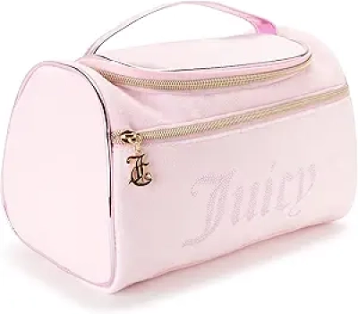 Juicy Couture Pink Velour Makeup Bag with Rhinestones - Travel Cosmetics Organizer