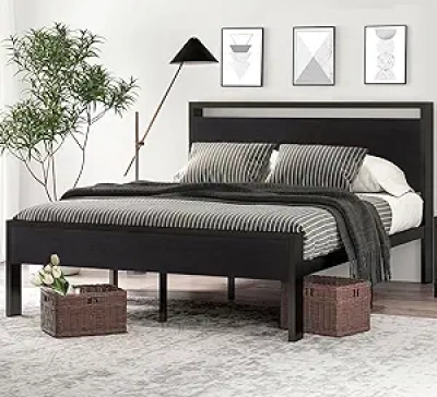 SHA CERLIN 14 Inch Metal Platform Bed Frame with Wood Headboard - 800 lbs Capacity