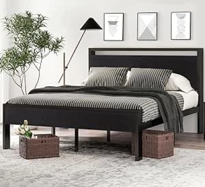 SHA CERLIN 14 Inch Queen Metal Platform Bed Frame with Wood Headboard - 800 lbs Capacity