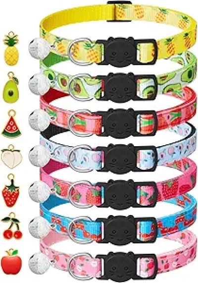7 Pack Breakaway Cat Collars with Bells & Fruit Pendants - Safety Kitten Collar