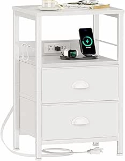 White Nightstand with Charging Station, USB Ports & Fabric Drawers