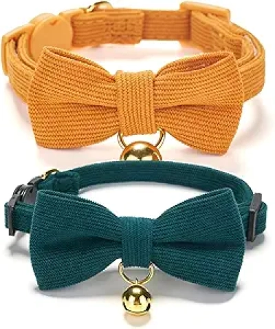 Adjustable Soft Corduroy Cat Collars with Breakaway Clasp & Removable Bow Tie (2 Pack)