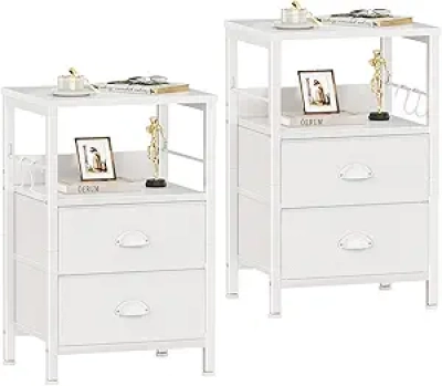 Furologee White Nightstand Set of 2 - Bedside Table with Drawers & Hooks