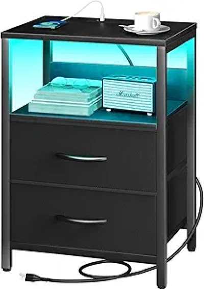 Yoobure LED Nightstand with USB Charging Station & Fabric Drawers