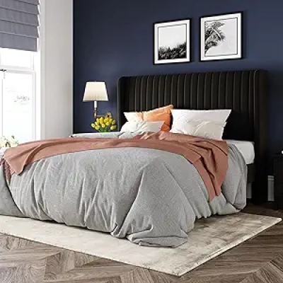 Allewie Queen Size Velvet Bed Frame with Wingback Headboard - 800 lbs Capacity