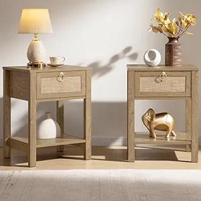 SICOTAS Rattan Nightstand Set of 2 - Bohemian Bedside Table with Drawer & Storage