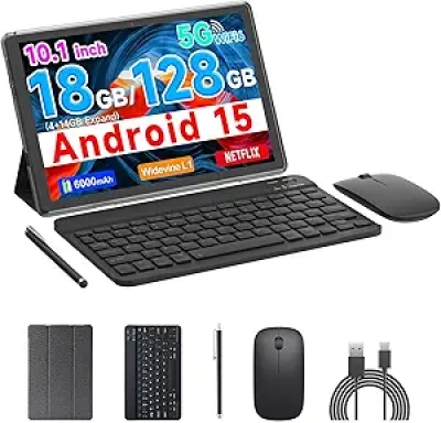 COOPERS 10 inch Android 15 Tablet - 18GB RAM, 128GB ROM, 2TB Expandable, 5G WiFi6, 2-in-1 with Keyboard