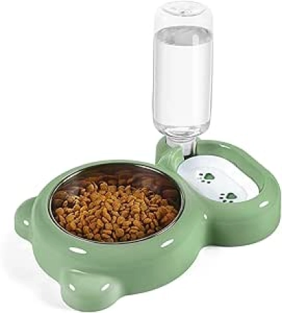 Automatic Cat Water Bowl & Food Feeder Set with Stainless Steel - Green