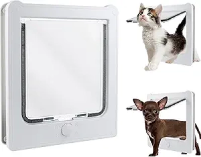Large 4-Way Locking Cat Door for Interior & Exterior Doors - 10.8" White Cat Flap Up to 25lb