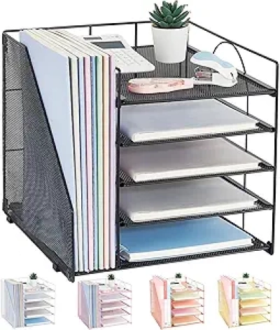 5-Tier Black Desk Organizer with File Holder - Office Paper Letter Tray