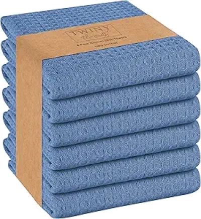 TWINY Threads Blue Waffle Kitchen Towel 6 Pack - 100% Cotton, Ultra Absorbent