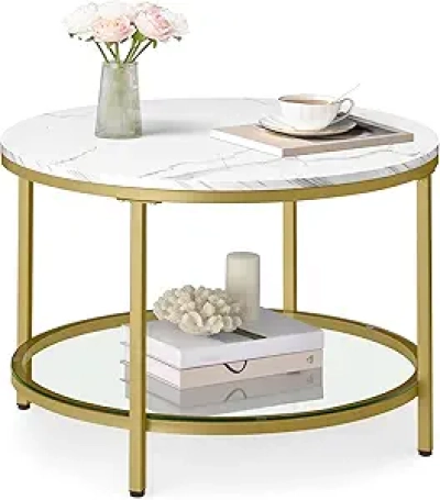 Modern Round Coffee Table with Faux Marble Top & Glass Shelf - VASAGLE