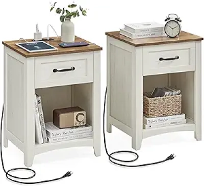 VASAGLE LIRY Farmhouse Nightstands with Charging Station - Set of 2 Bedside Tables