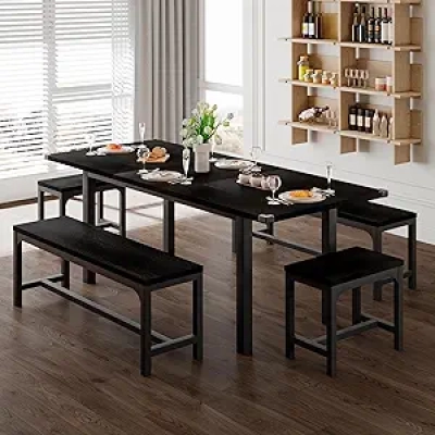 Extendable Dining Table Set for 4-8 People | 63" Kitchen Table with Benches & Stools