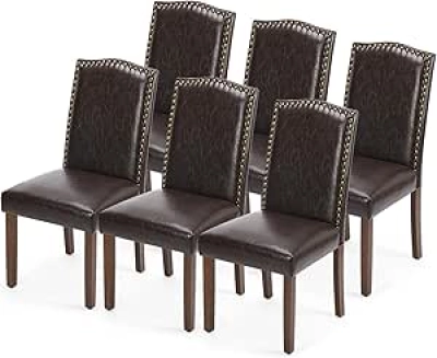 DUMOS Dining Chairs Set of 6 - Modern PU Leather Kitchen Chairs with Wooden Legs