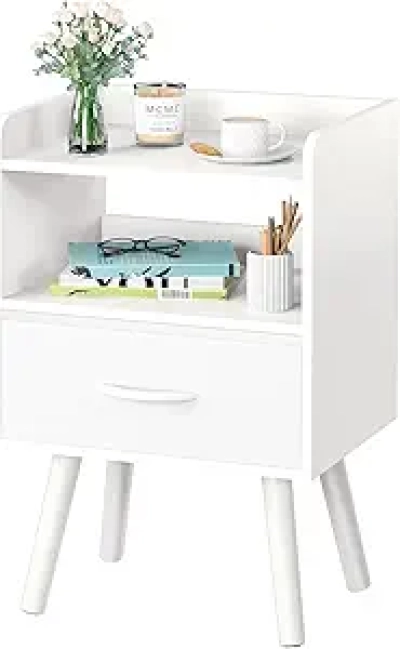 Modern Nightstand with Drawer & Open Shelf - Mid Century Bedside Table