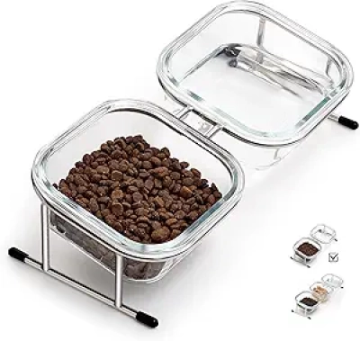 Elevated Cat Bowls 15° Tilted - Raised Glass Pet Feeder with Stainless Steel Stand