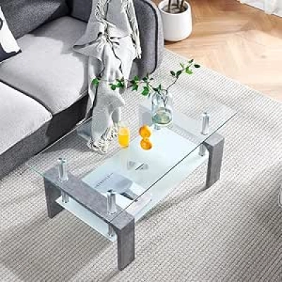 Modern Glass Coffee Table with Wooden Legs - Grey Marble Rectangle Design