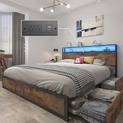 Queen Metal Platform Bed Frame with Storage Headboard, Charging Station & RGB LED Lights