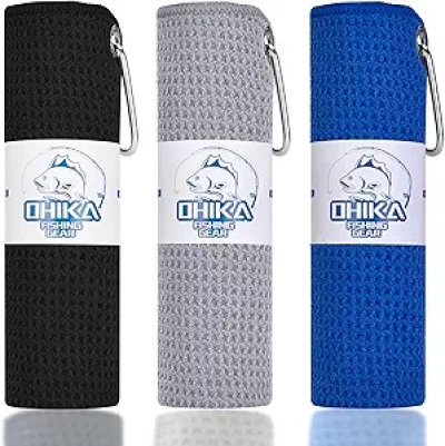 Microfiber Fishing Towels with Clip - Quick Dry, Waffle Pattern, 16" x 16" (Pack of 3)