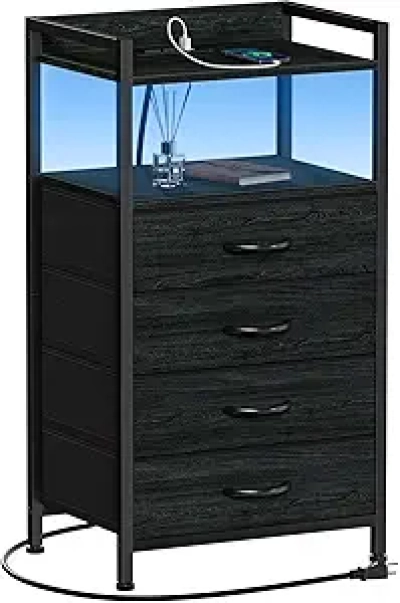 LED Nightstand with Charging Station & RGB Lights - Black Bedroom Bedside Table