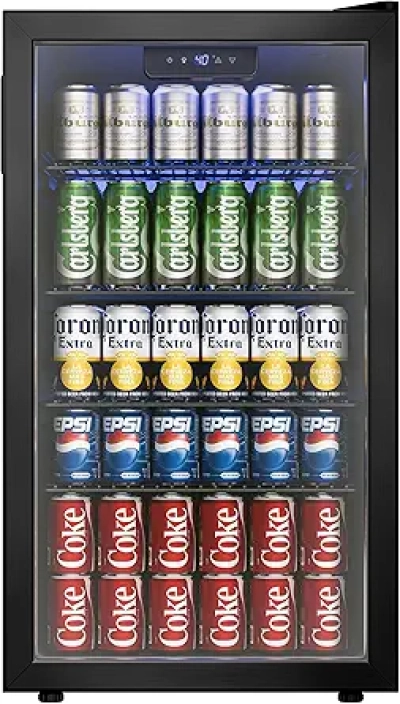 126 Can Beverage Refrigerator with Glass Door | Mini Fridge Cooler for Beer, Wine & Soda