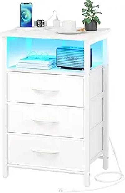 LED Nightstand with Charging Station & USB Ports - White Bedside Table