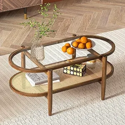 Giantex 2-Tier Oval Rattan Coffee Table with Tempered Glass Top - Mid Century Modern Boho Living Room Table