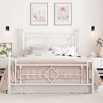 SHA CERLIN 14'' Full Size Metal Platform Bed Frame with Victorian Headboard & Storage