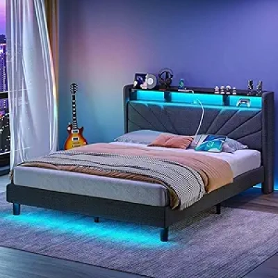 Queen Size LED Bed Frame with Storage Headboard & USB Charging Station