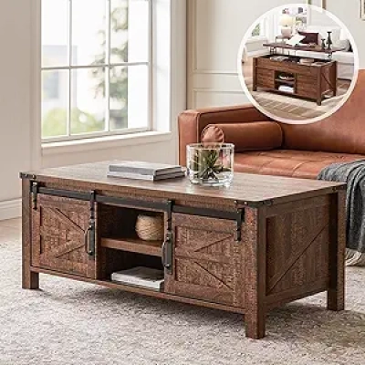 48" Farmhouse Lift Top Coffee Table with Sliding Barn Door & Hidden Storage