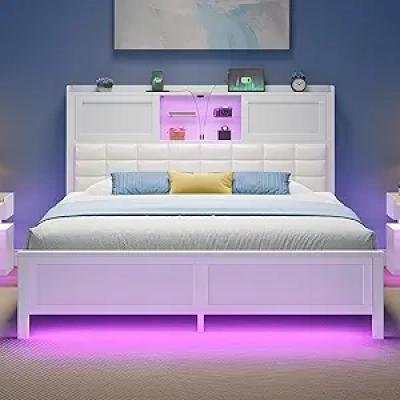 Full Size Bed Frame with Charging Station, LED Light & Storage Headboard