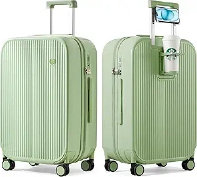 24 Inch Avocado Green Hard Shell Luggage with Cup Holder & Phone Holder | TSA Lock