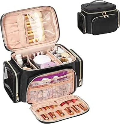 Large Makeup Bag Organizer for Travel - Black Cosmetic Bag with Brush Compartment