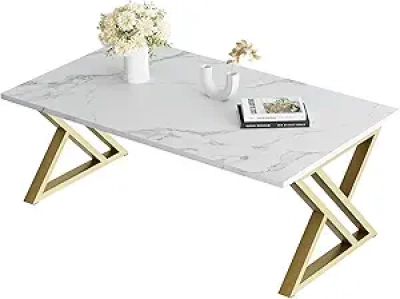 Modern White Marble Coffee Table with Gold Metal Frame | Living Room Center Table