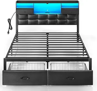 Full Size Platform Bed with Drawers, Charging Station & RGB LED Light | Rolanstar