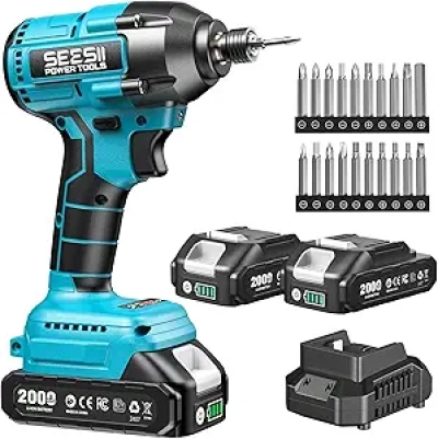 SEESII 21V Cordless Impact Driver Kit - 1590 In-lbs Torque with 2 Batteries & 20 Drill Bits