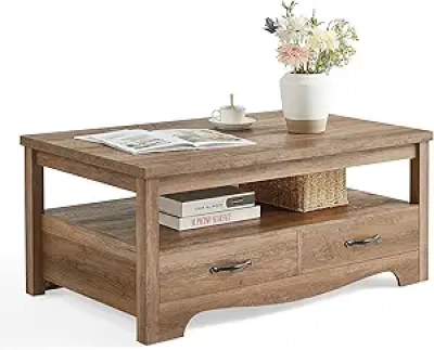 Farmhouse Coffee Table with Storage Drawers - LINSY HOME Wood Table for Living Room