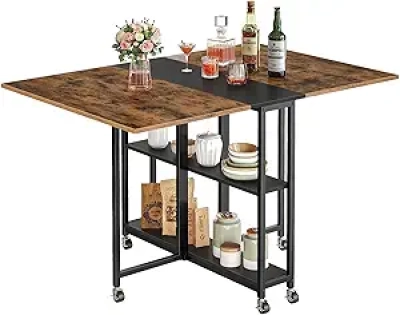 Folding Dining Table with Wheels & Storage Shelf - Space-Saving Expandable Kitchen Table