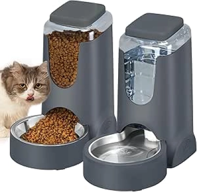 Automatic Cat & Dog Feeder with Water Dispenser - Stainless Steel Bowl, 1 Gallon
