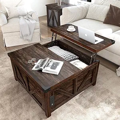 Farmhouse Lift Top Coffee Table with Storage & USB Charging Station - Brown Square Wood Center Table