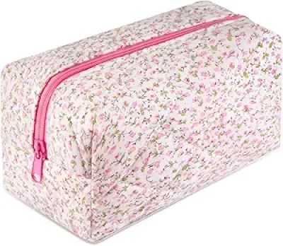 Quilted Floral Makeup Bag Large - Cute Pink Cosmetic Organizer for Travel