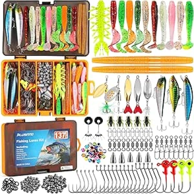 PLUSINNO 137Pc Fishing Lures & Tackle Box Kit - Bass Freshwater Fishing Gear
