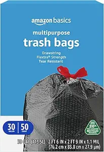 Amazon Basics 30 Gallon Drawstring Trash Bags - 50 Count, Recycled Material